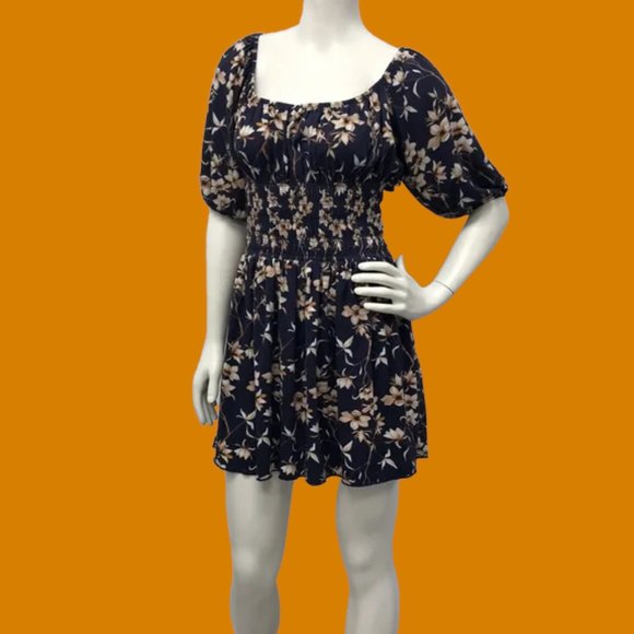 Large Navy Blue Floral Dress with Smocked Waist - Picture 2 of 10